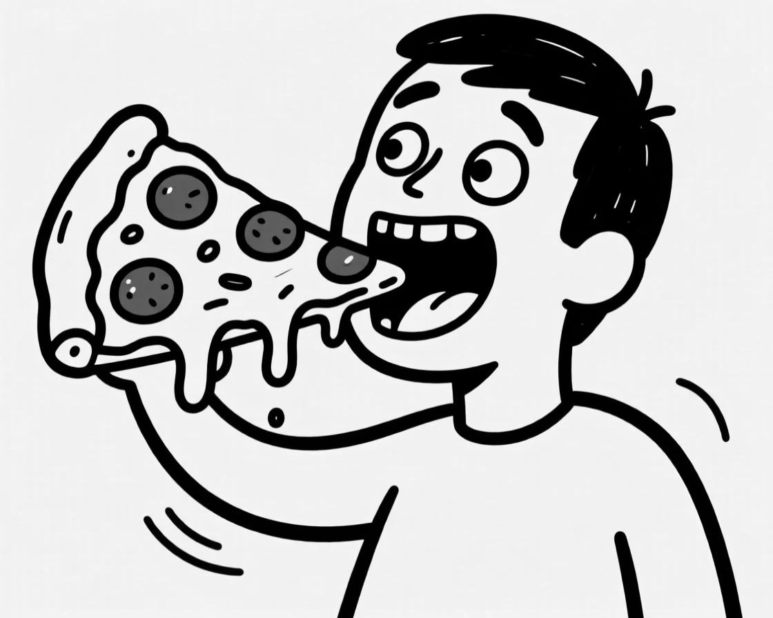 A person taking a huge bite out of a slice of pepperoni pizza, cheese stretching.