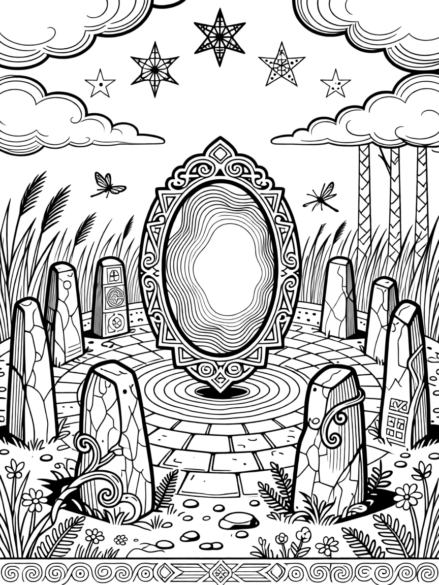 A hidden portal glowing within a ring of standing stones.