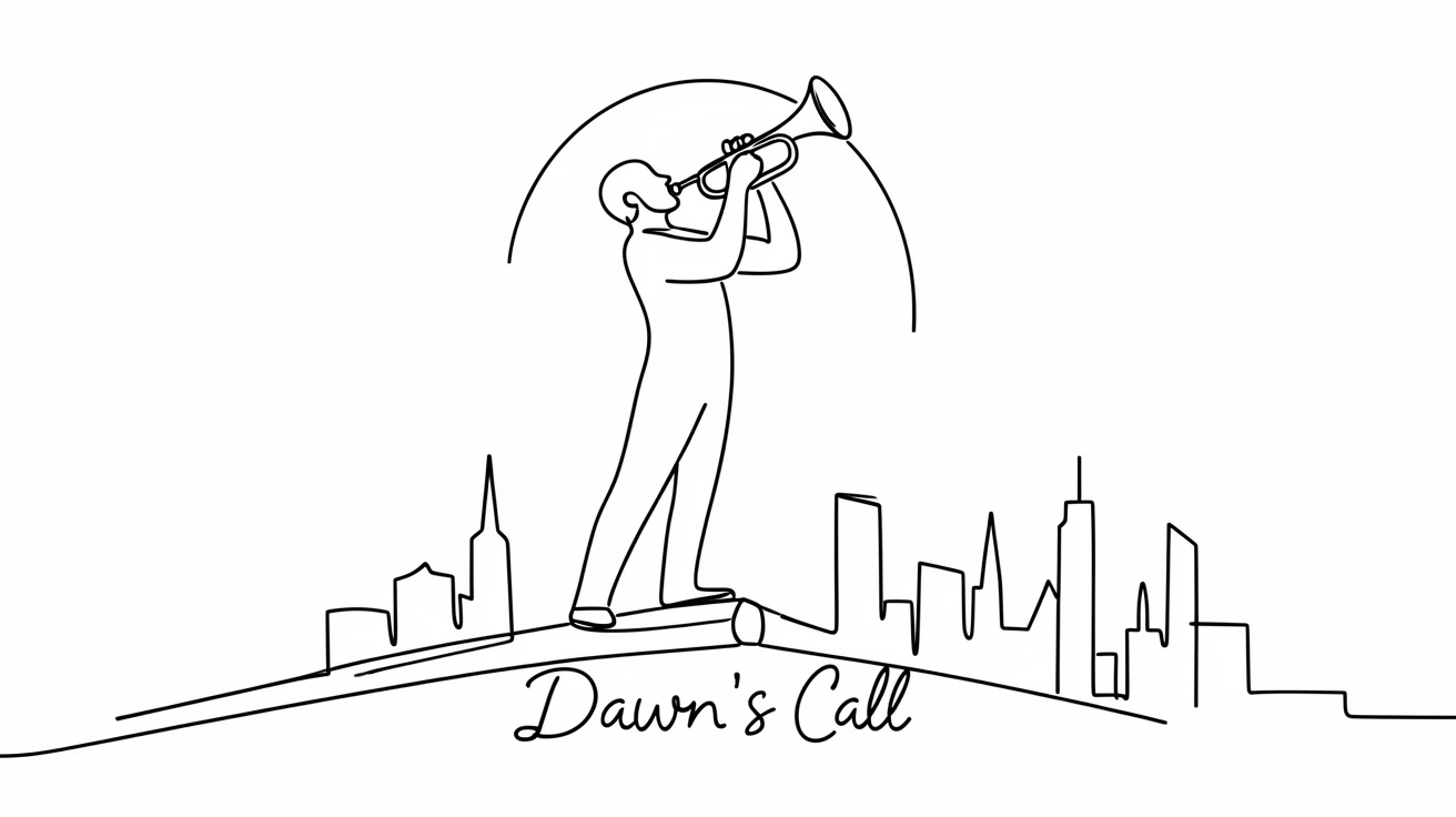 A lone trumpeter playing atop a rooftop at sunrise over a city