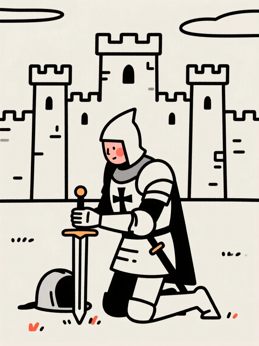 An arthurian knight kneeling before a castle, gazing thoughtfully into the distance.