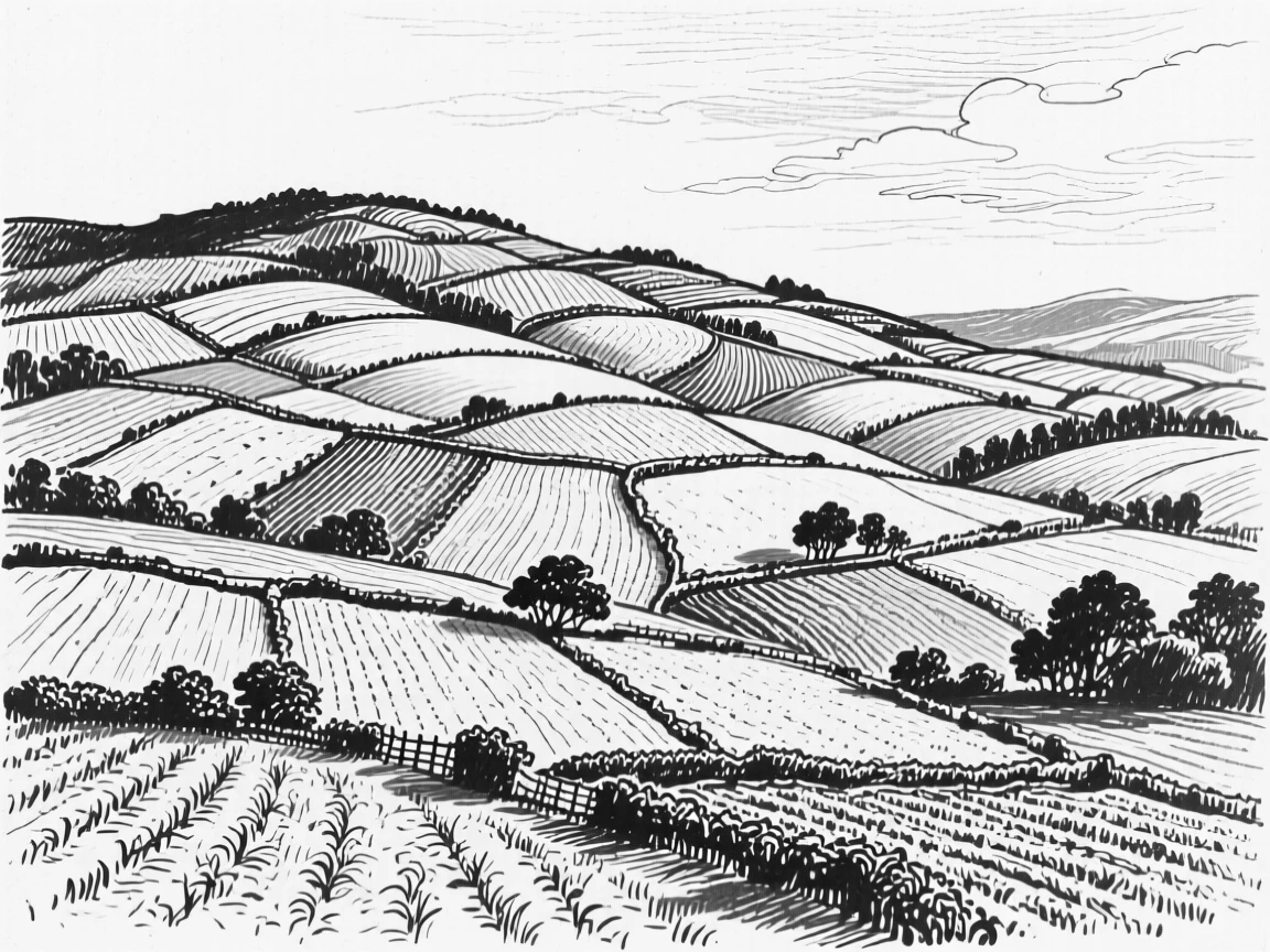 A vast rolling hillside covered in a patchwork of farmland.
