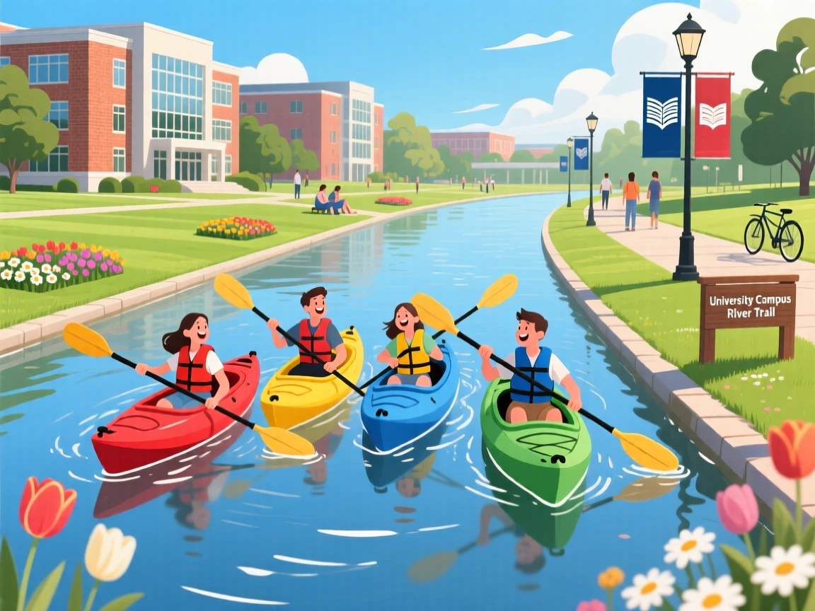 A group of friends kayaking down a calm scenic river, on a sunny university campus lawn, composed with gentle motion blur suggesting playful movement, with a sense of warmth and togetherness in every detail.