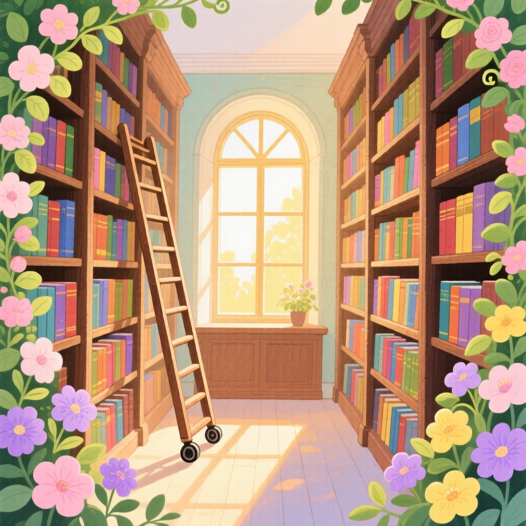 An old library with tall wooden shelves and a rolling ladder, framed by blooming flowers and soft afternoon light.