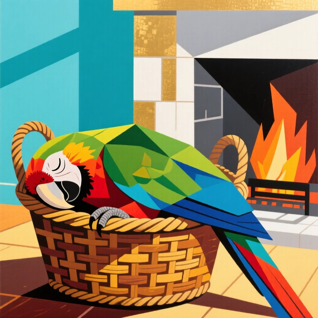 A charming close-up of a parrot with vibrant feathers napping in a wicker basket by the fireplace on a bright afternoon.