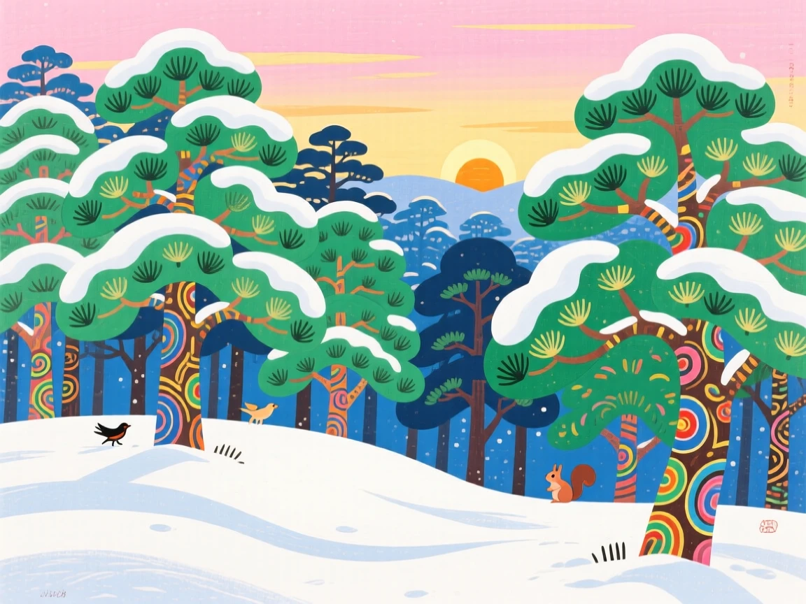 A pine forest blanketed in fresh snow seen from a quiet overlook, just after sunrise.