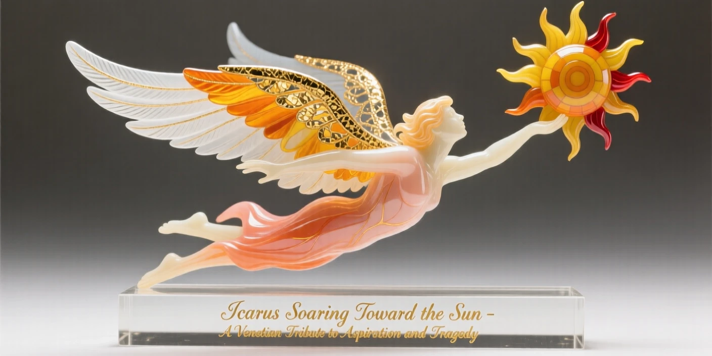 Icarus soaring toward the sun with wings of feather and wax, aspirational and tragic.