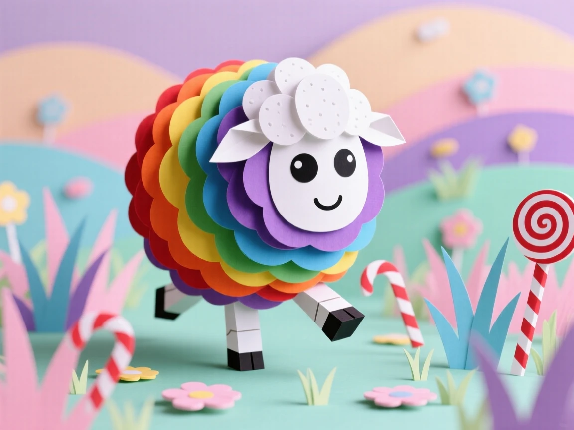 A round fluffy sheep-like creature with rainbow-colored wool bouncing through a candy-colored meadow, evoking joyful whimsy.