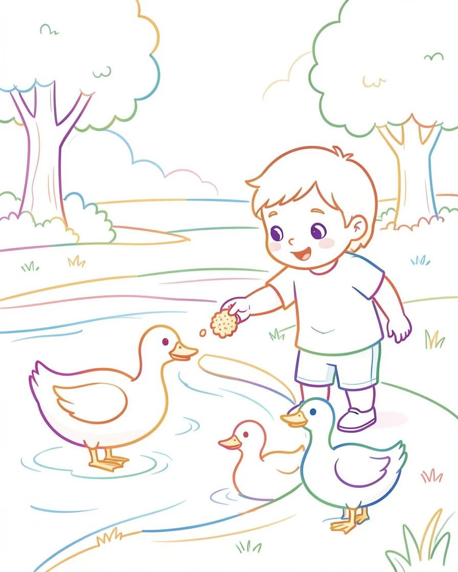 A child feeding ducks at a park pond with breadcrumbs in hand.