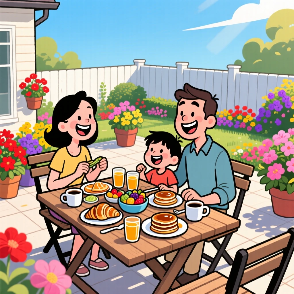 An aspirational lifestyle scene of a family enjoying brunch on a sun-drenched patio surrounded by blooming flowers.