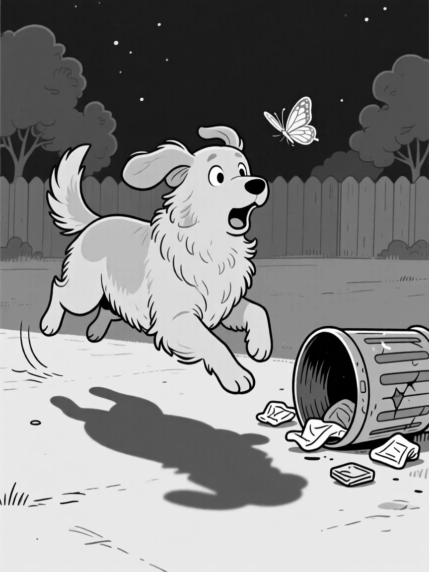 A fluffy golden retriever with one ear flopped inside out, hopping sideways in surprise at its own shadow, set beside an overturned trash can at night. A butterfly drifts obliviously past. The image radiates pure comic affection.