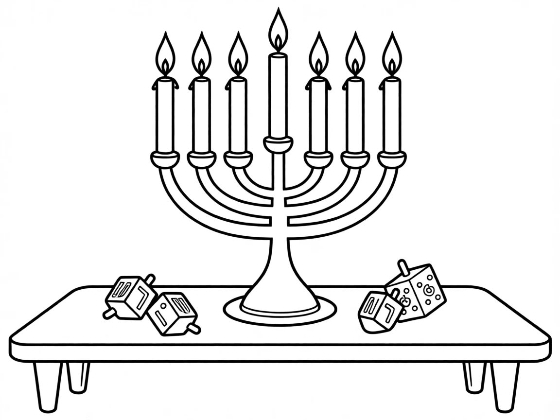 A menorah lit for Hanukkah with dreidels on the table