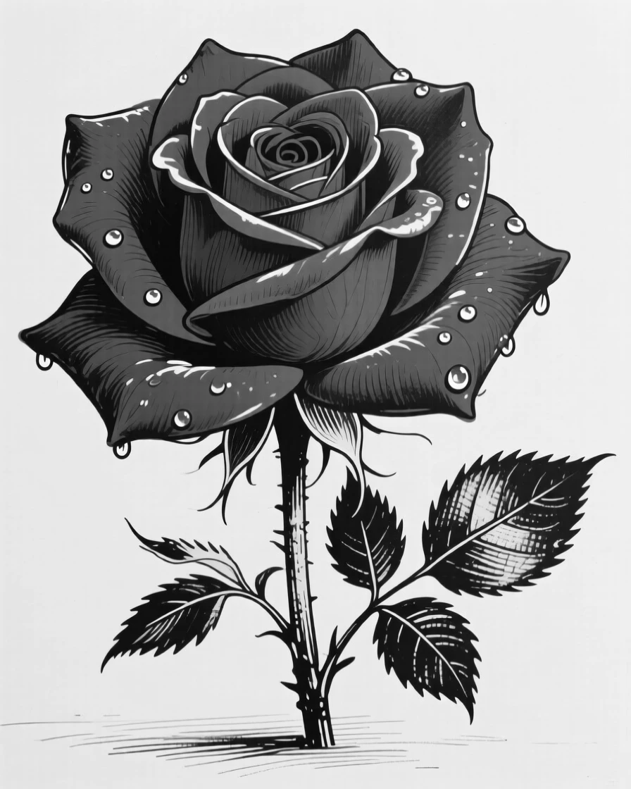 A single red rose in full bloom with dew drops clinging to its petals.