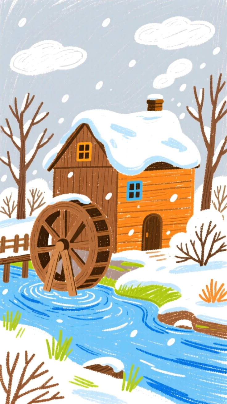 A riverside mill dusted with a light layer of fresh snow.