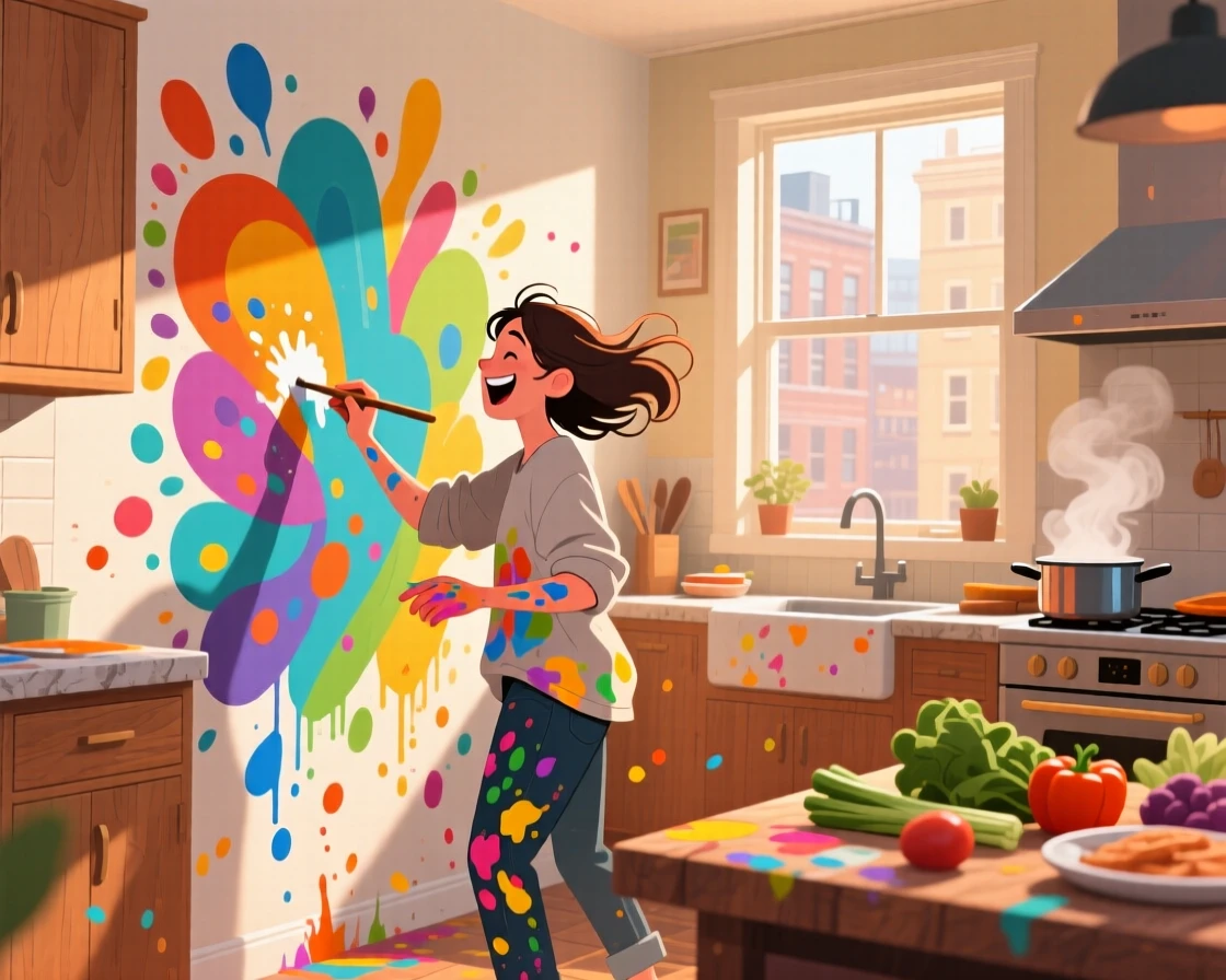 A street artist creating a colorful mural on a city wall, in a warm, inviting kitchen filled with the smell of fresh food, framed with warm, natural lighting highlighting genuine emotion, with small joyful details like flying hair or bright laughter.