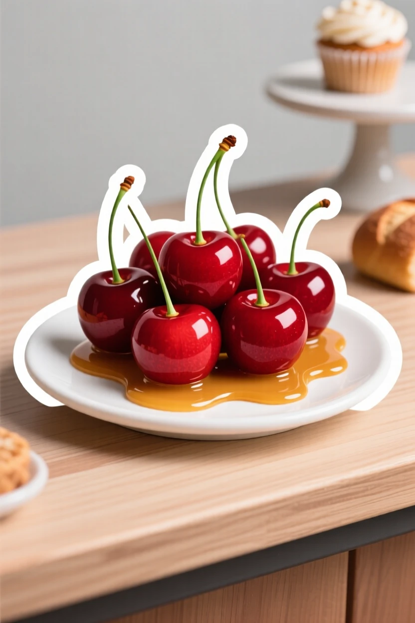 A perfectly plated cluster of ripe red cherries, drizzled with rich caramel sauce, at a charming bakery counter.