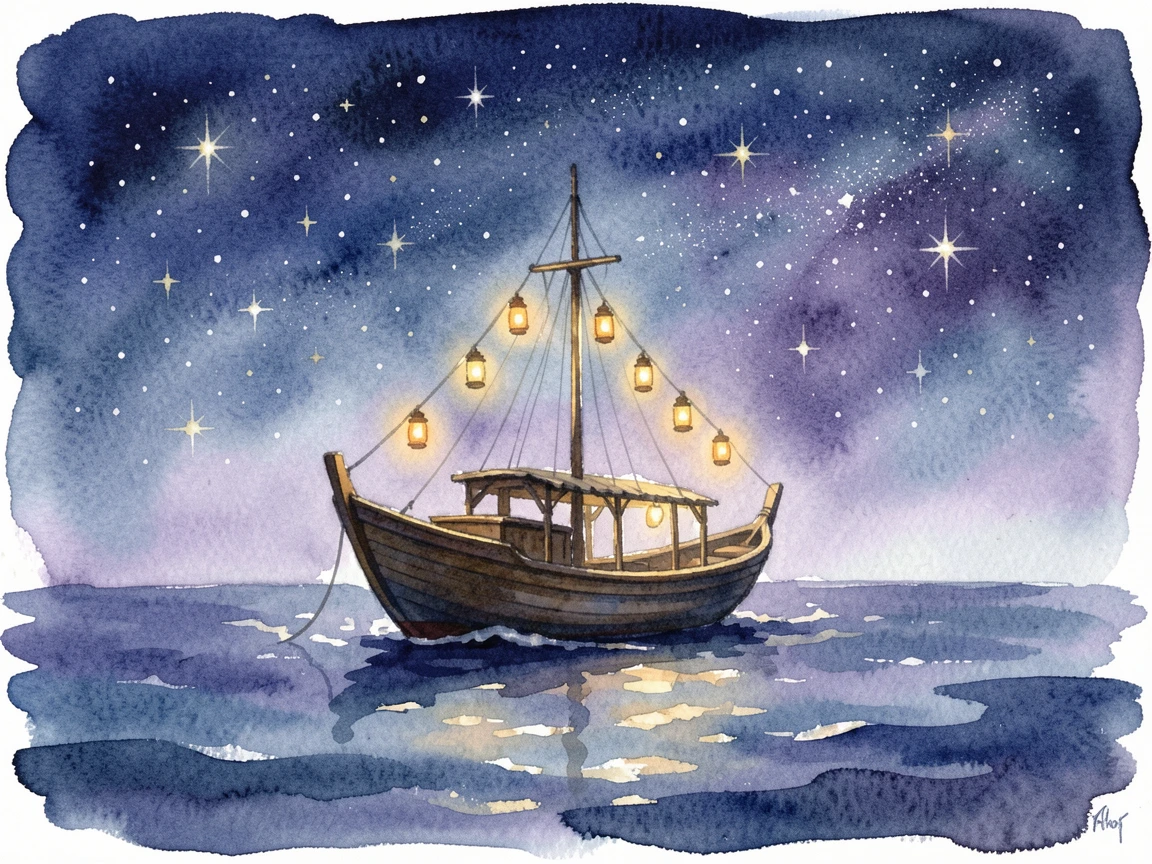 A lantern-lit boat sailing through a starry sky bathed in soft magical light.