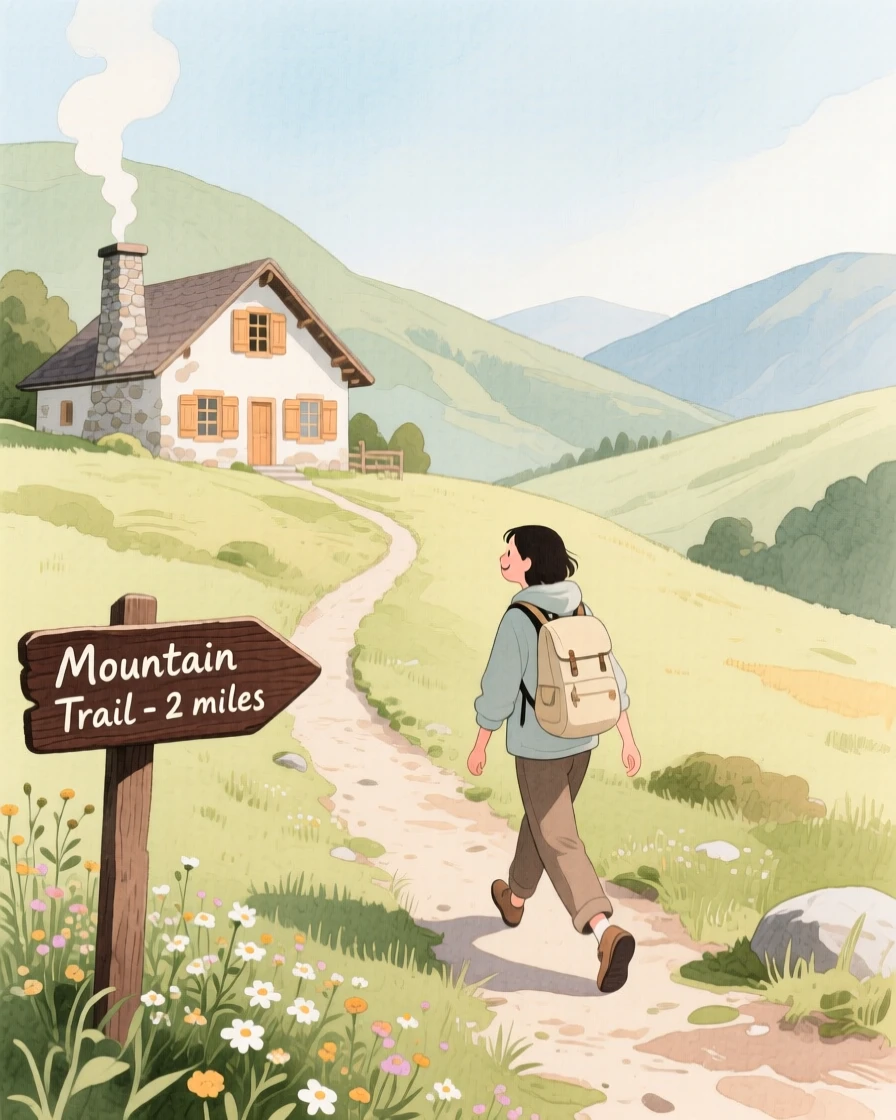 A peaceful scene of someone hiking a mountain trail in a cozy countryside cottage, fully absorbed in a quiet, joyful moment