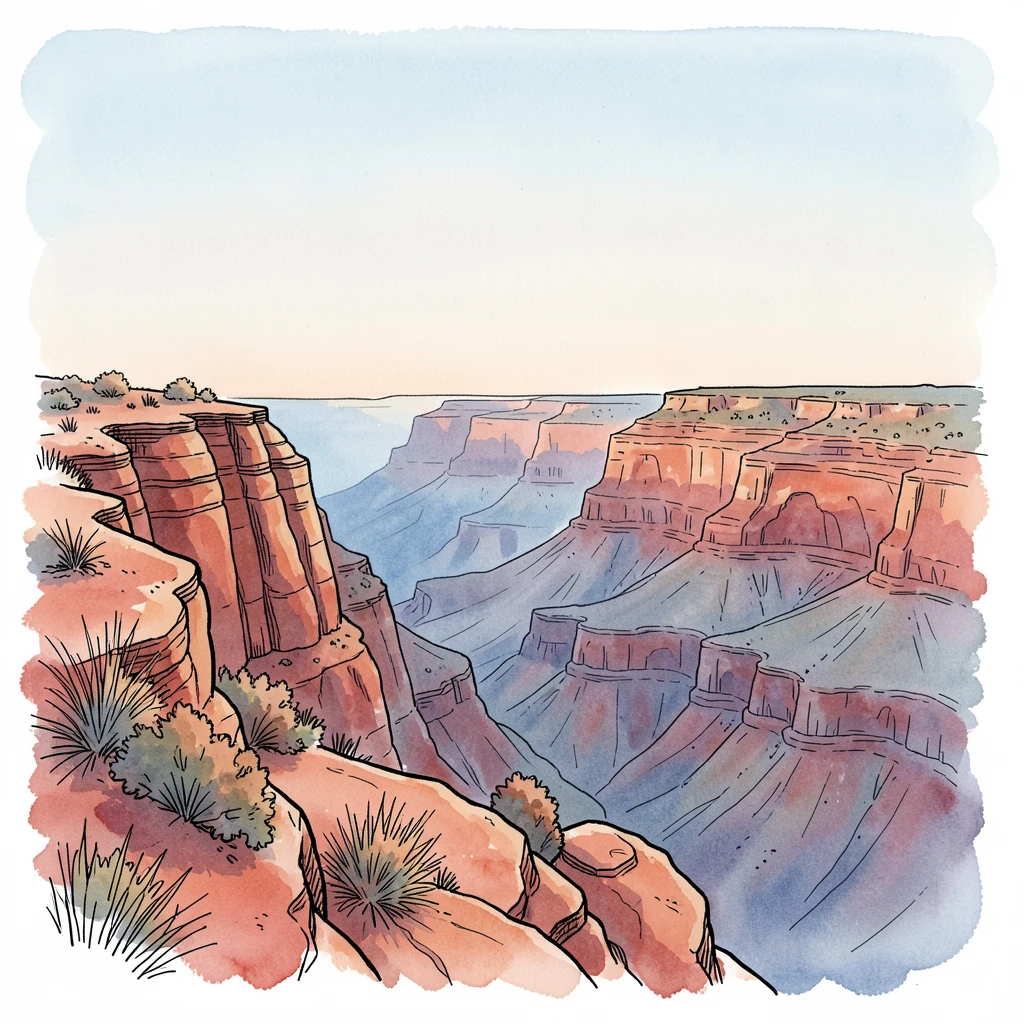 A canyon rim overlooking layers of red and orange sandstone, the scene bathed in the soft blue light of early dawn.