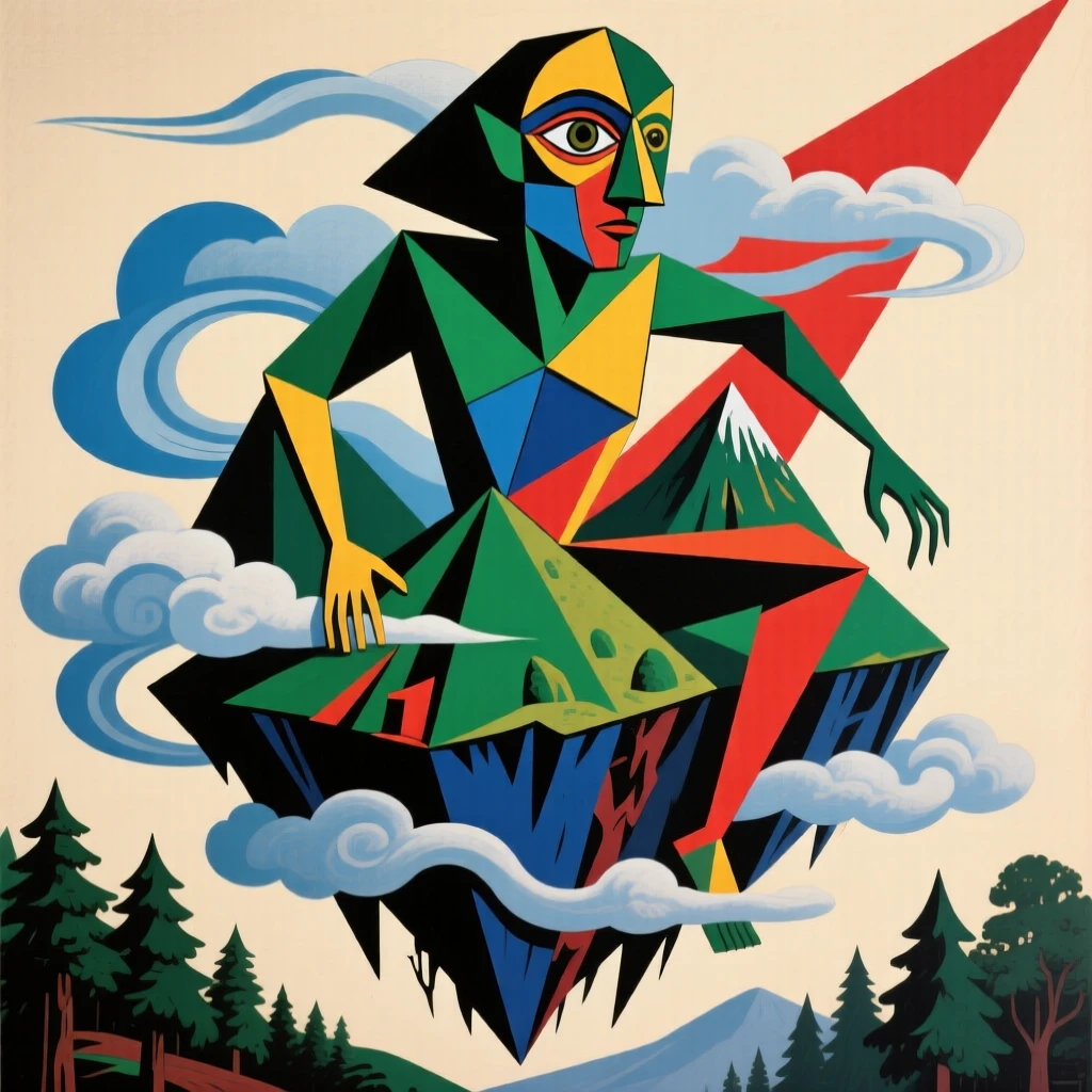 A magical scene of a forest spirit atop a floating mountain wreathed in clouds.