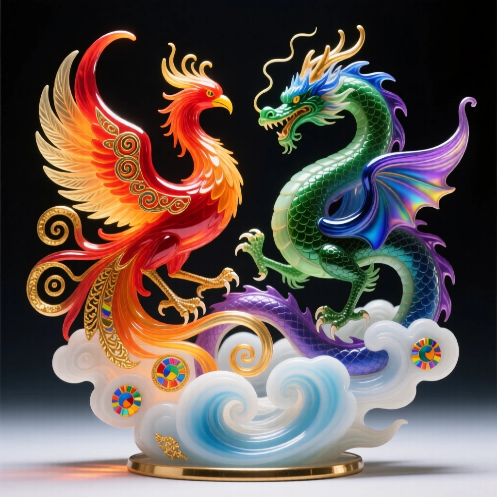 A phoenix and dragon intertwined in eternal balance above swirling clouds, symbolic and harmonious.