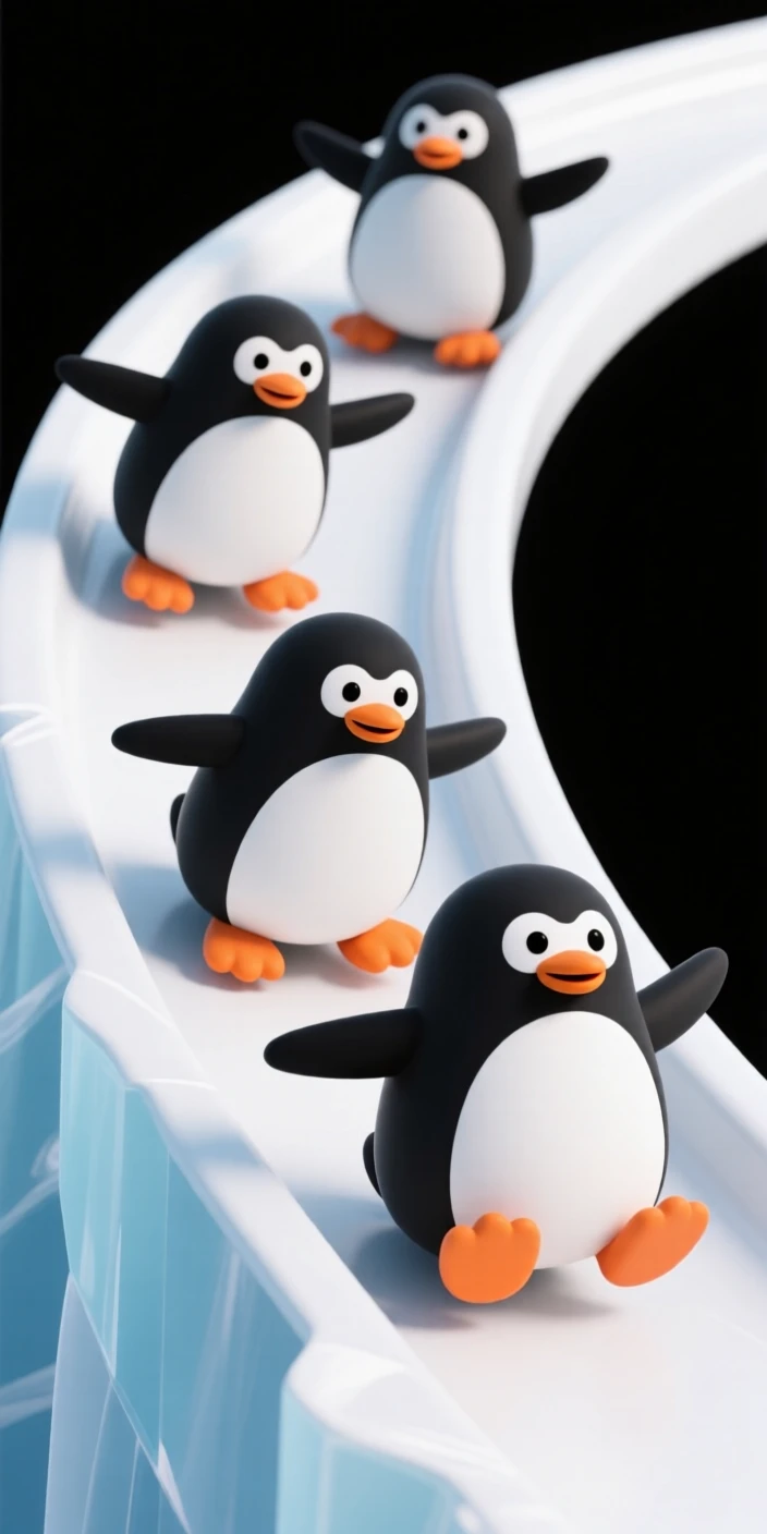 A playful group of penguins slide down an icy slope on their bellies, flippers spread wide with glee.