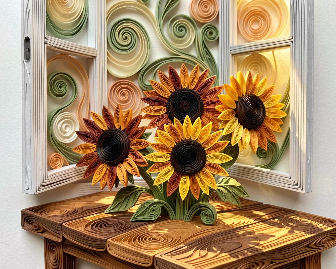 A serene botanical study of a cluster of sunflowers turning toward the light on a rustic wooden table near an open window, in warm autumn hues of amber and rust, captured in a close-up macro composition.