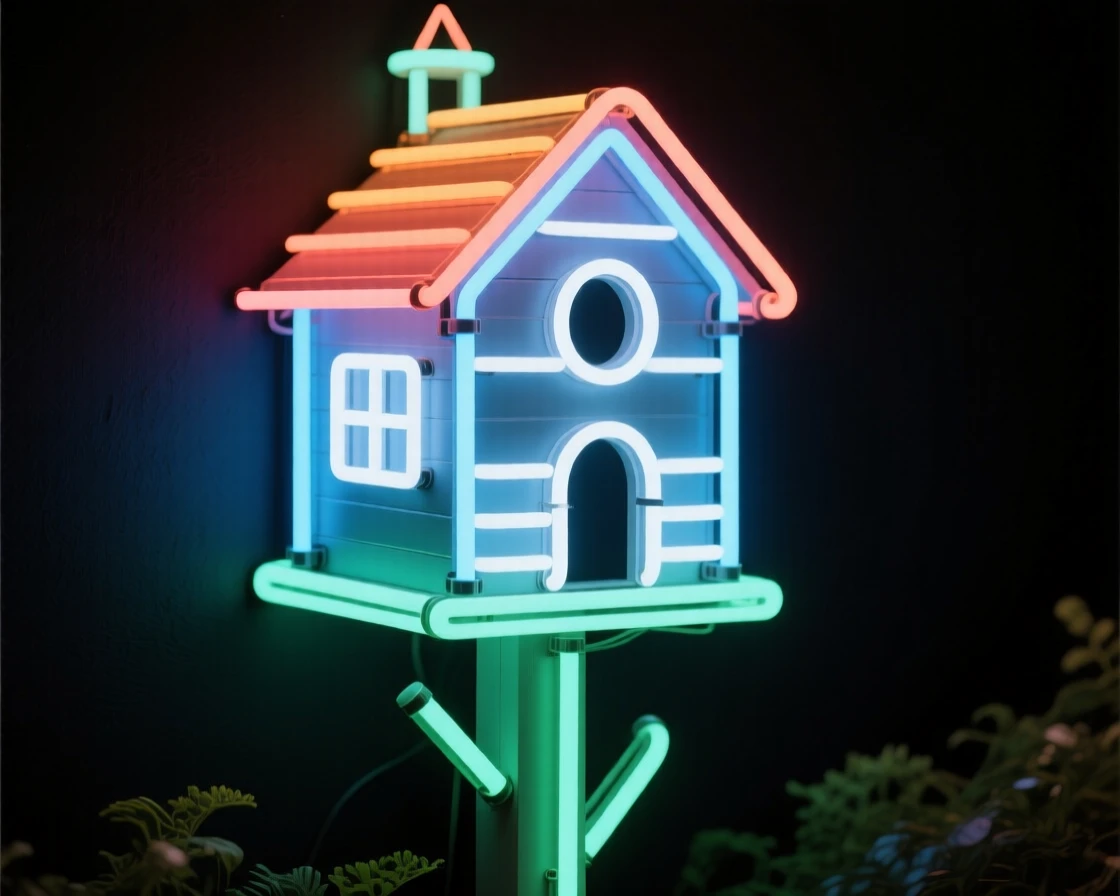 A birdhouse shaped like a tiny lighthouse on a garden post.