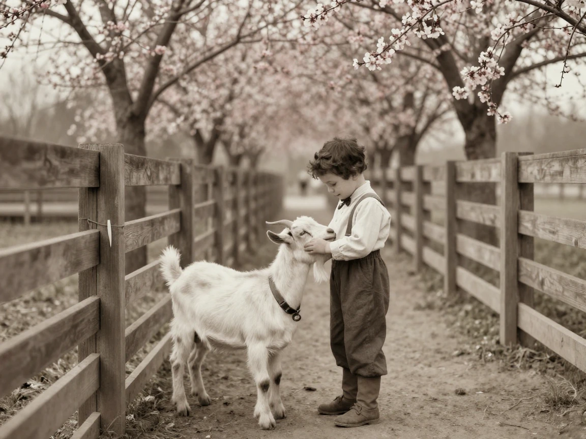 A child petting a farm goat through a wooden fence, in gentle diffused daylight, in still, windless air, as spring blossoms unfurl, with a soft sepia-tinted glow, framed symmetrically down a long corridor.