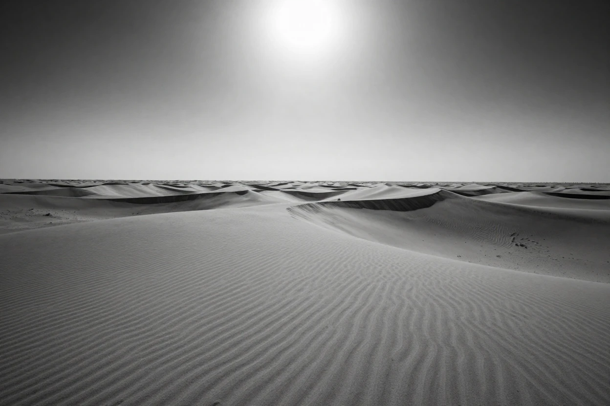 A lone sand dune stretches endlessly under a scorching sun within a sprawling dune field.