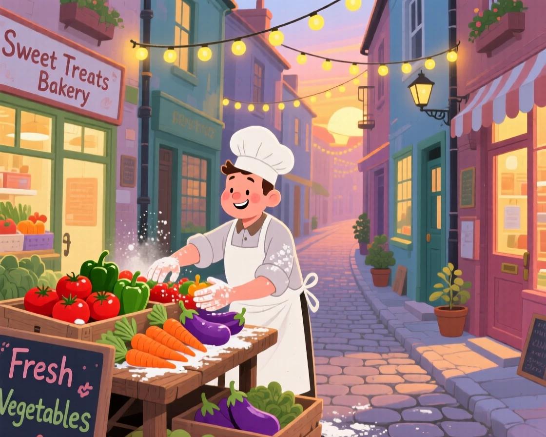 In a narrow alley lined with shops, a baker dusted in flour is busy stacking fresh vegetables at a market stall, while string lights twinkle overhead.