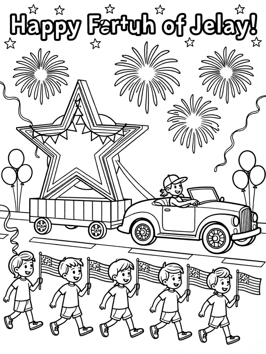 A Fourth of July parade with flags and fireworks