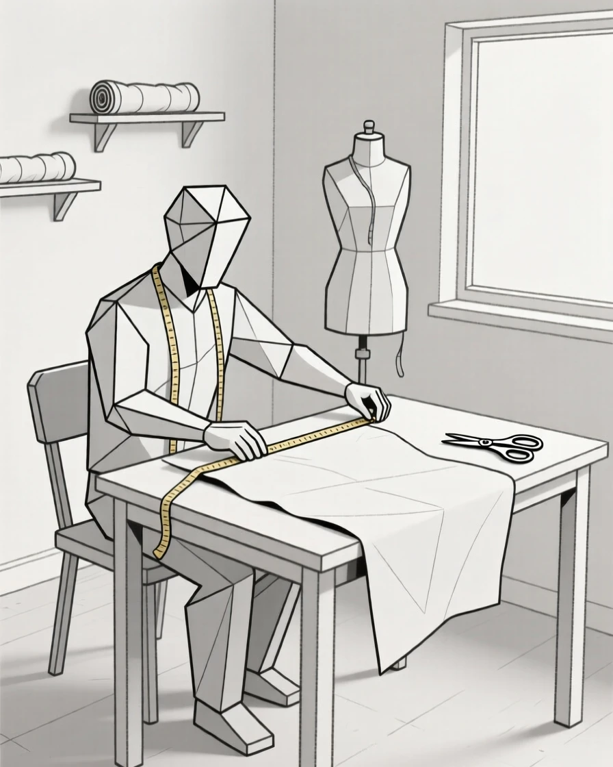 A tailor measuring fabric in a small workshop