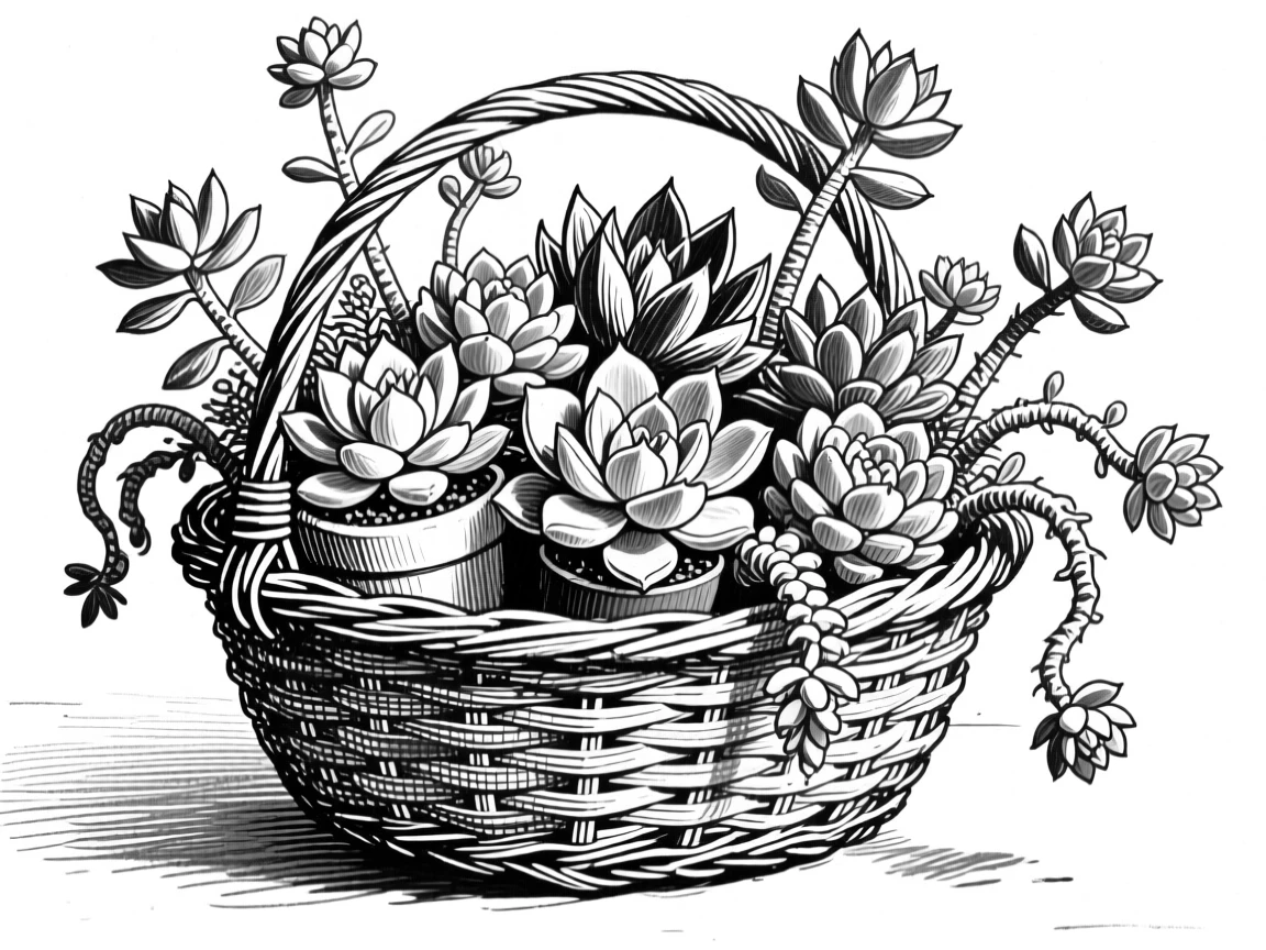 A potted succulent garden spilling out of a wicker basket, with stems bending gracefully under their own weight, composed in a lush and abundant still-life arrangement.
