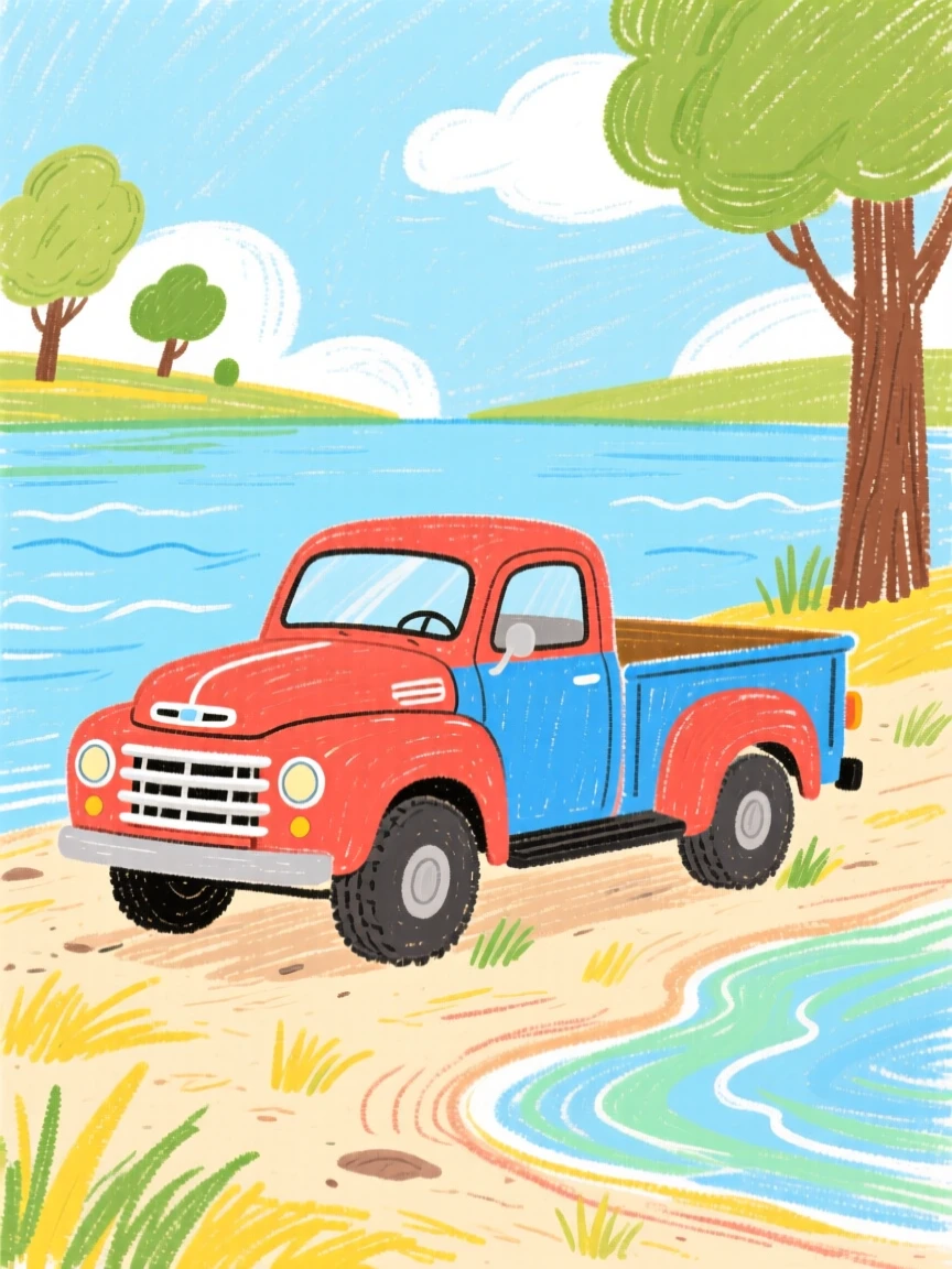 A classic pickup truck resting on the shore of a calm lake.