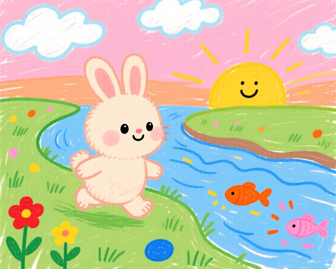 A soft baby bunny waddling along a riverbank at sunrise.