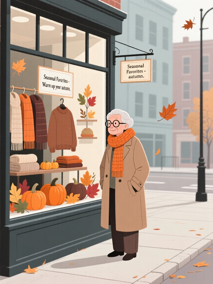 An elderly friends window shopping on a quiet autumn day in the city.