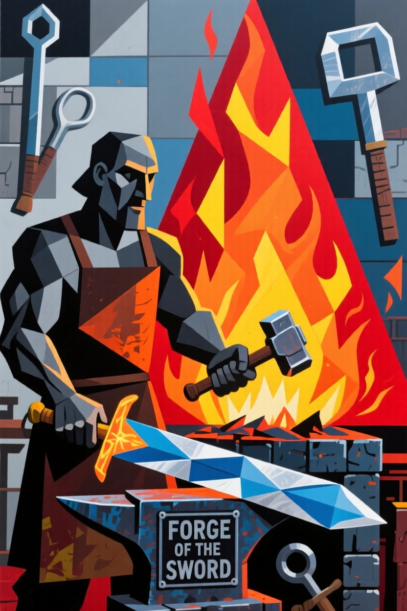 A vivid historical scene depicting a medieval blacksmith forging a sword beside a roaring furnace.