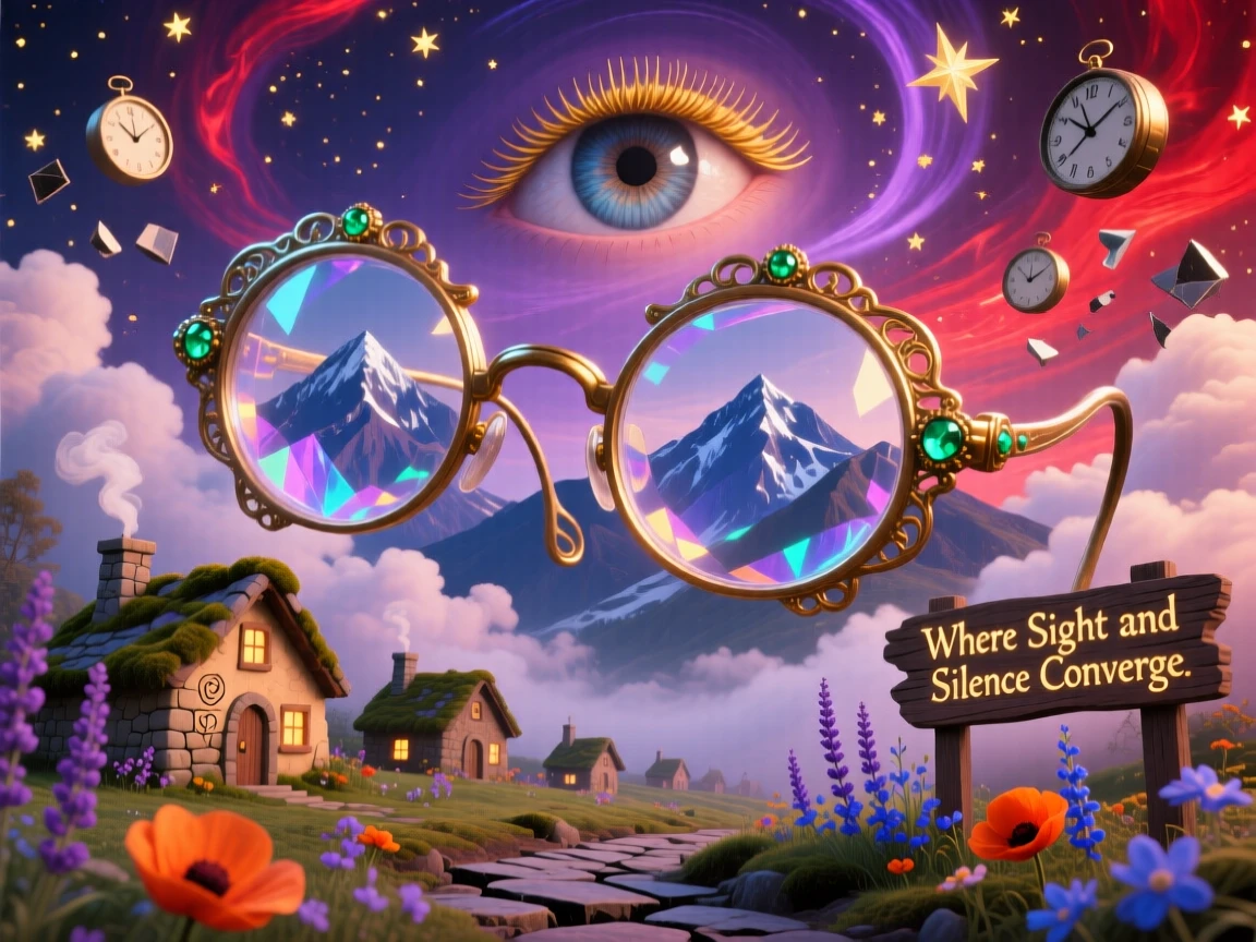 A colossal pair of spectacles framing a distant mountain range towers silently over a scattering of small stone cottages, while wildflowers push up through cracks along its surface.