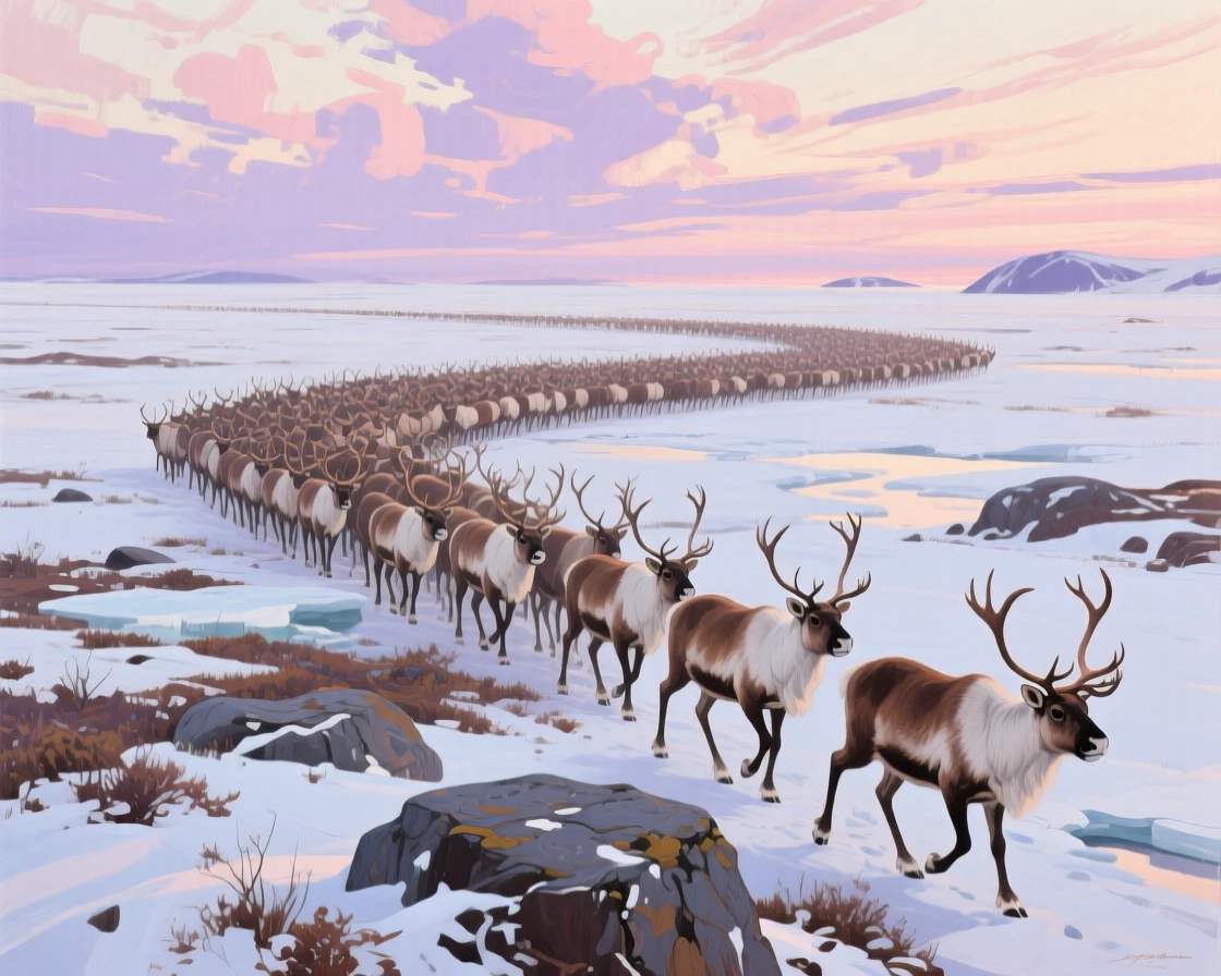 A herd of caribou migrates across the Arctic tundra in Alaska, thousands of animals stretching to the horizon beneath a sky streaked with pink clouds, the moment captured with a sense of calm intimacy despite the wild setting.