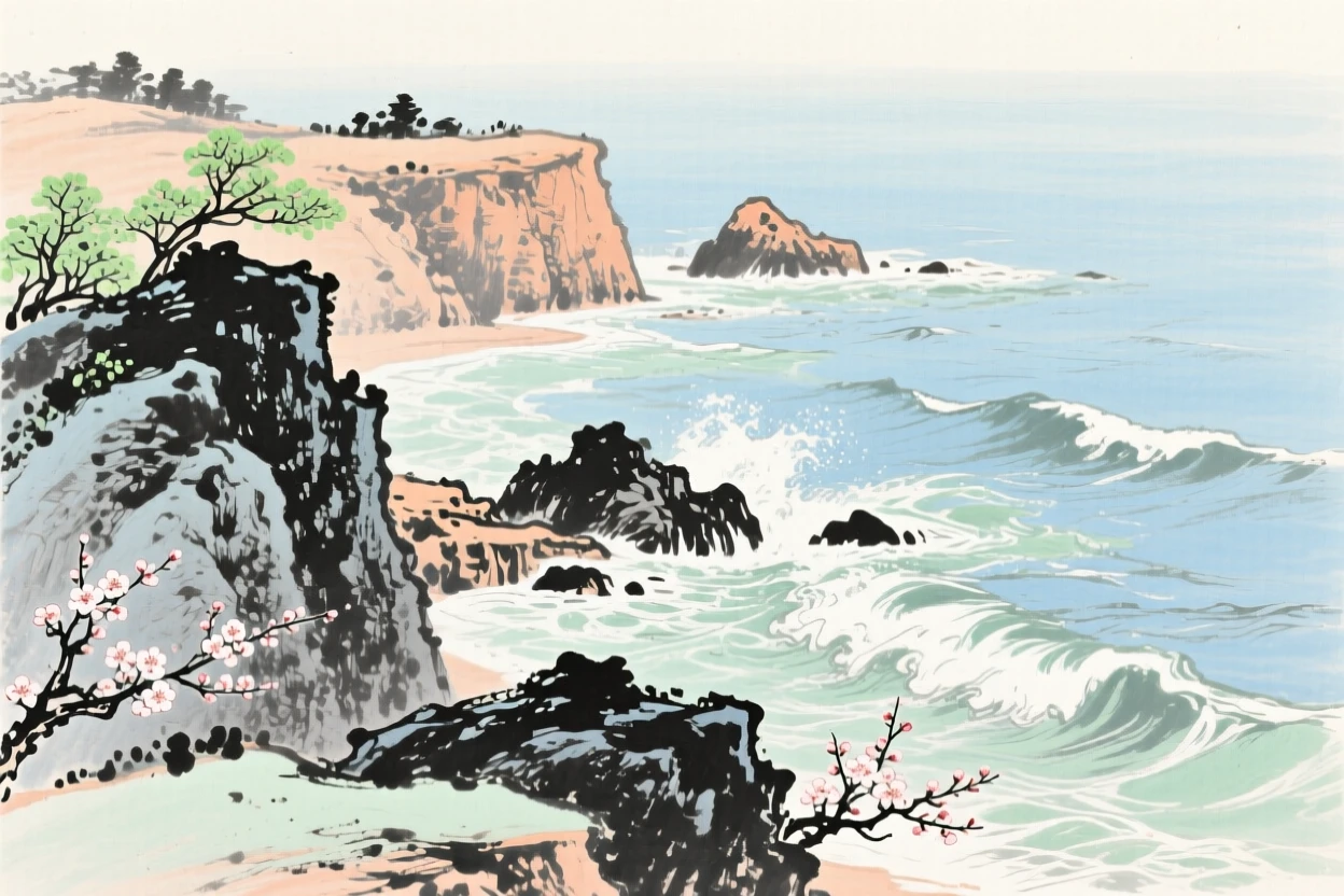 A rocky coastline where waves break gently against cliffs, as spring blossoms unfold, suffused with quiet joy.