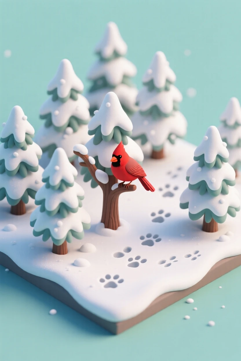 A frosty pine forest after a fresh snowfall, animal tracks crisscrossing the snow, and a cardinal perched on a snow-laden branch.