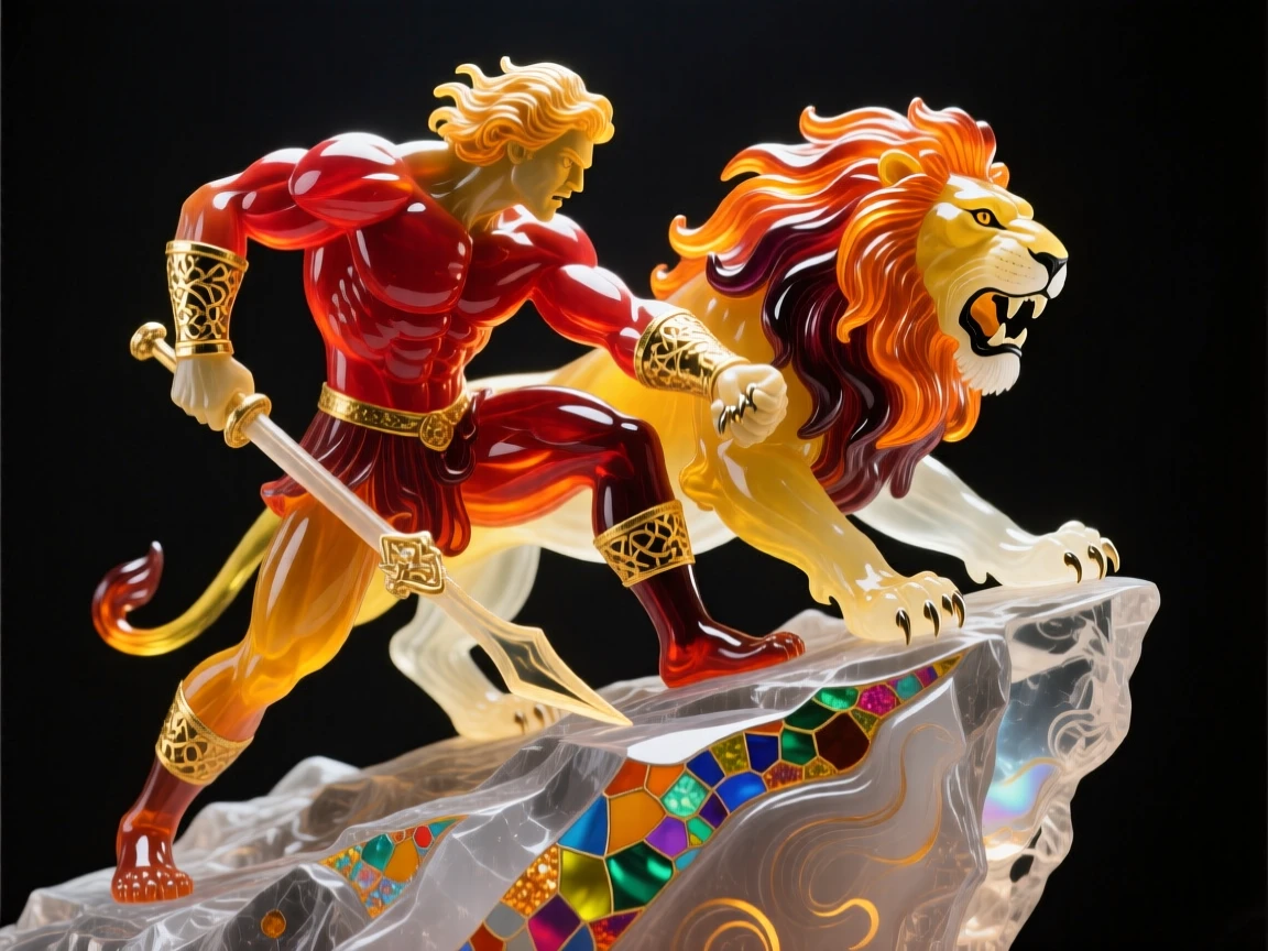 Hercules wrestling the Nemean lion atop a rocky cliff, heroic and intense.