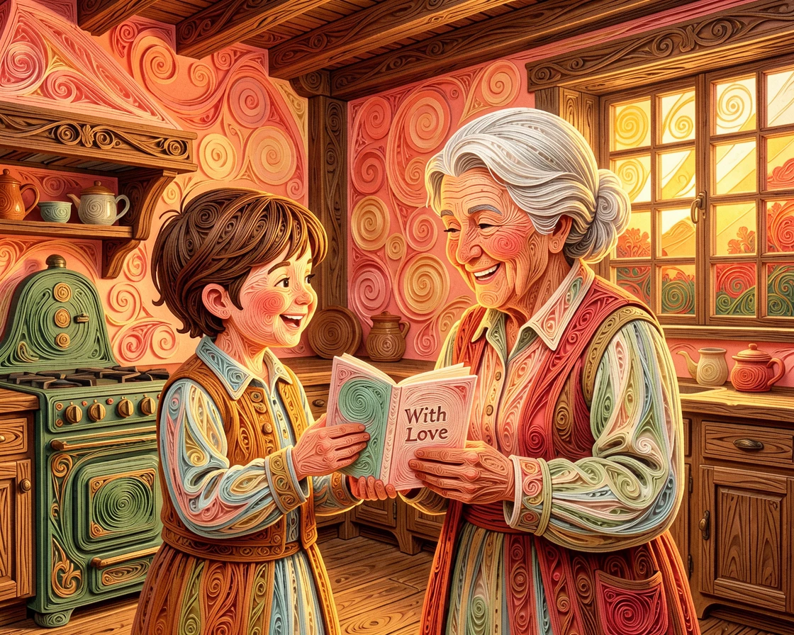 a child giving a handmade card to a delighted grandparent, in a rustic farmhouse kitchen, composed with generous warmth and closeness between subjects, in warm sunset hues of coral and gold.