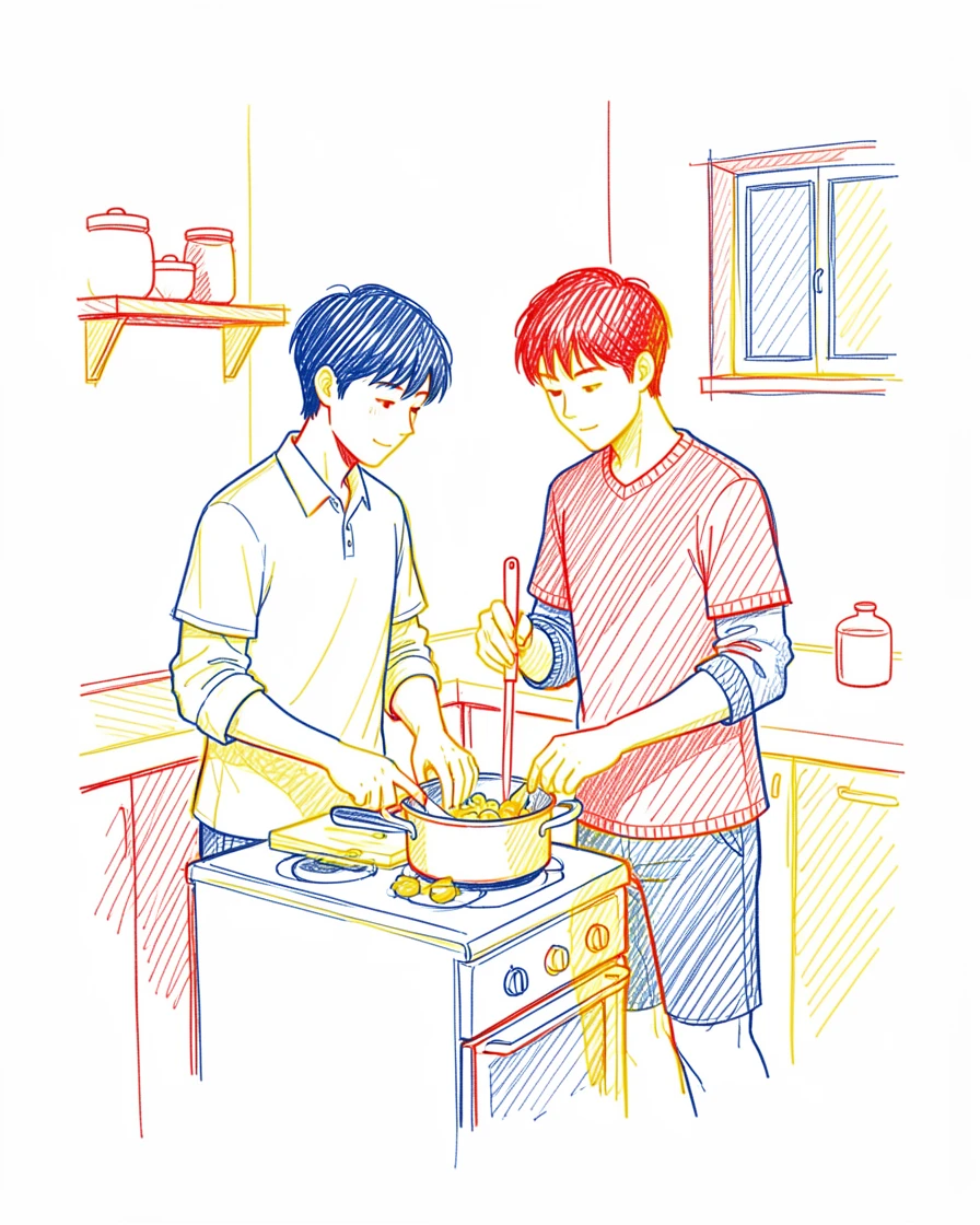 A young couple cooking dinner together in a cozy apartment kitchen