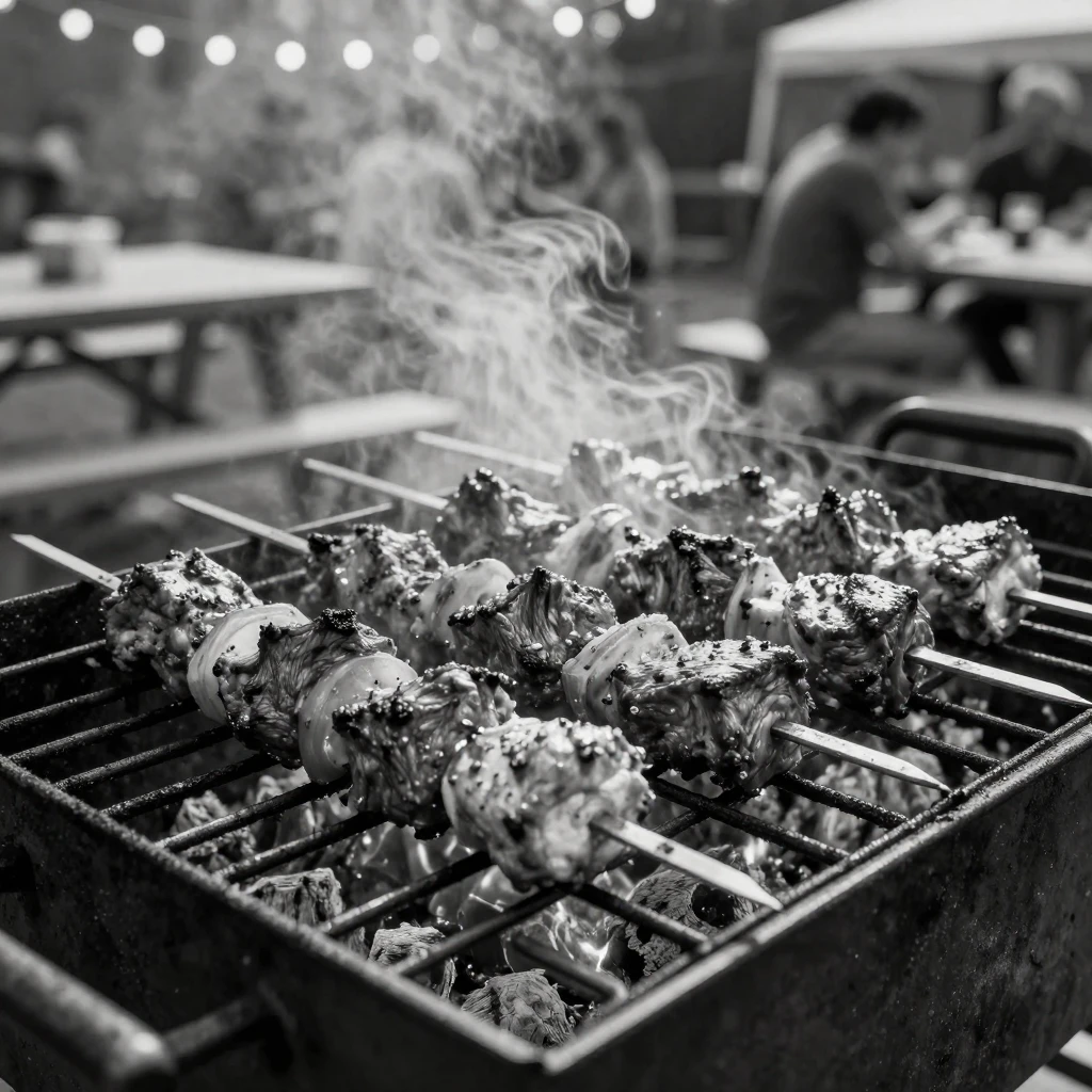 A grill full of skewered meats sizzles over an open charcoal fire at a lively backyard barbecue.