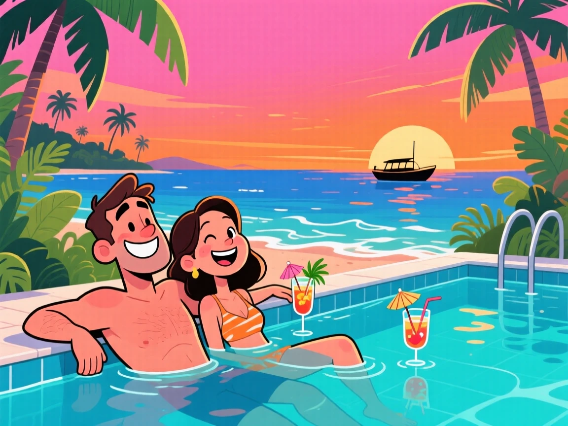 An aspirational lifestyle scene of a couple relaxing in a private infinity pool overlooking a tropical bay at sunset.