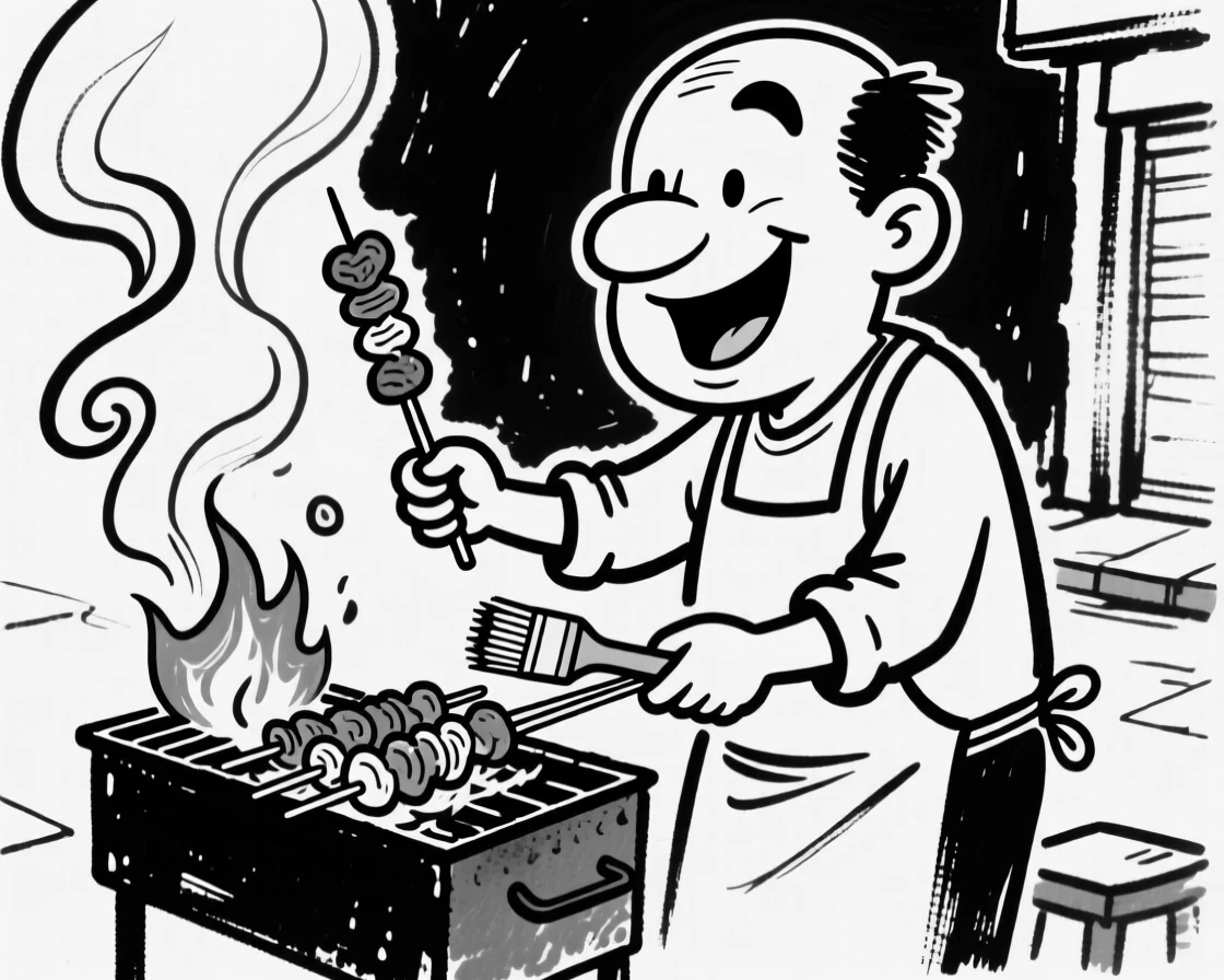 A street vendor grilling skewers over open flames, smoke curling into the night air.