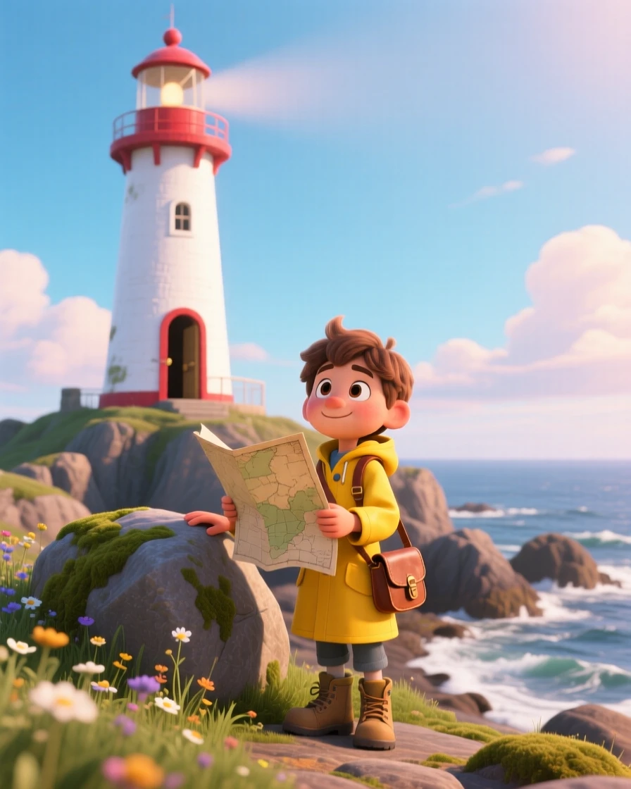 A young explorer with a map in hand stands beside a lighthouse on a rocky coastline, sharing a quiet moment together. The scene feels vast, calm, and full of possibility, with soft clouds drifting across the sky.