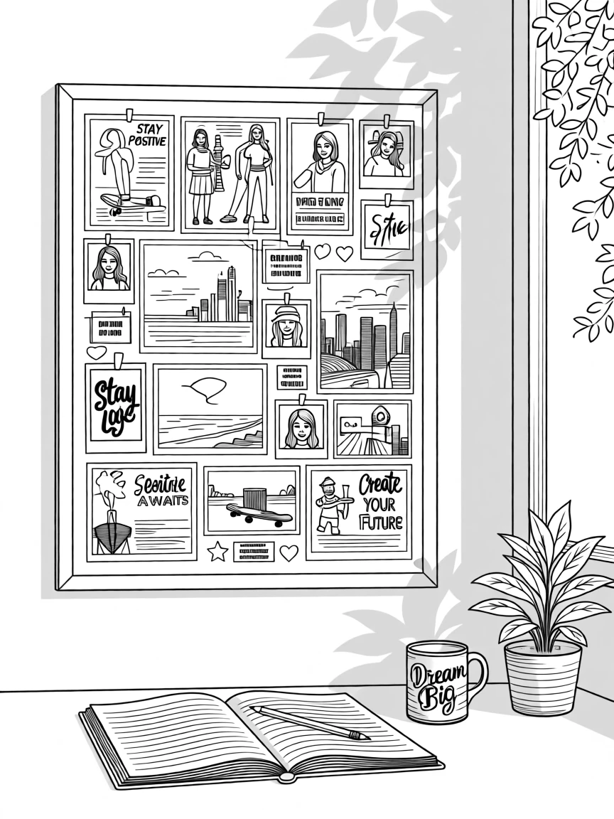 A vision board covered in cut-out magazine images and postcards, with soft morning light filtering through the leaves.