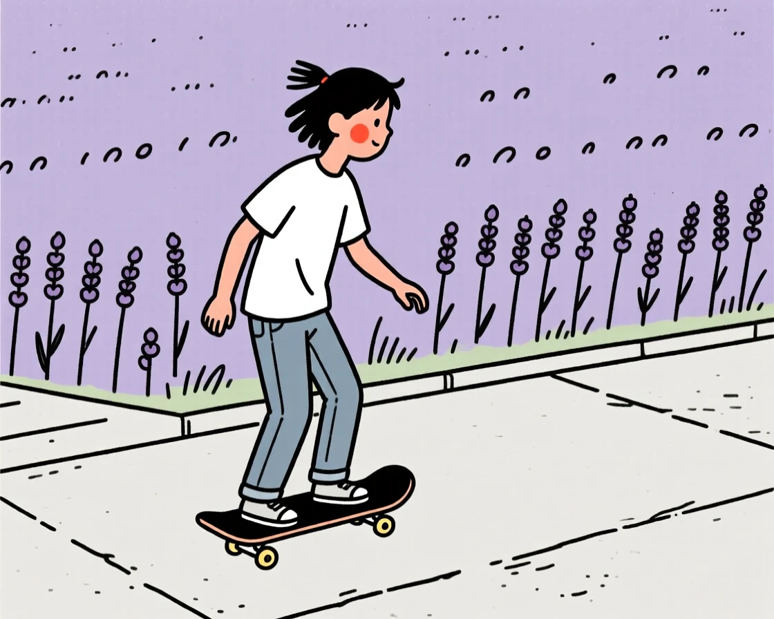 A young man of Native American heritage learning to skateboard in a driveway, in a lavender field.